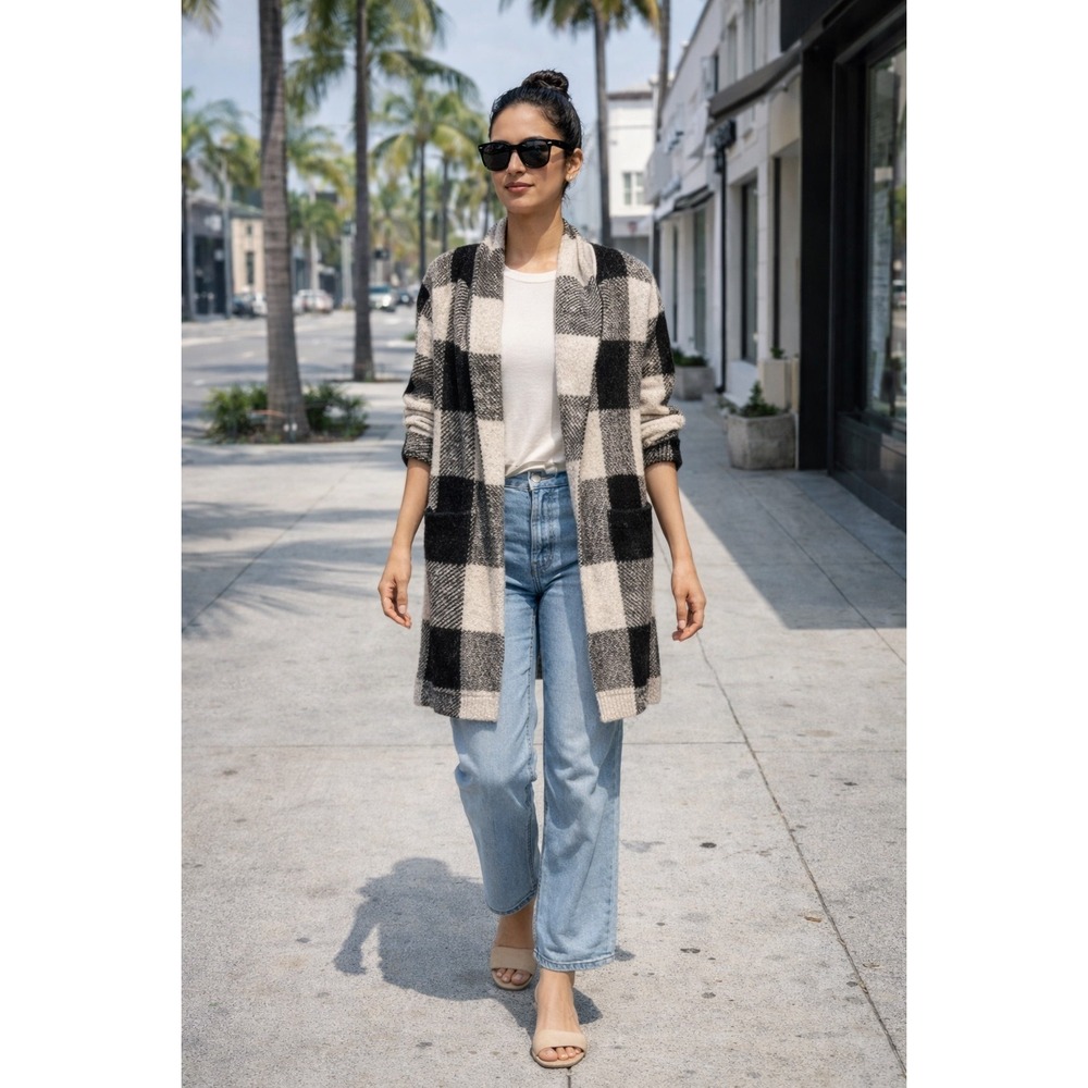 Anthropologie Plaid Long Open Front Knit Cardigan Jacket Black White size M